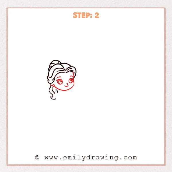 how to draw a beauty and the beast - Step 2: Belle’s face is added with big eyes, a small smile, and a tiny earring.